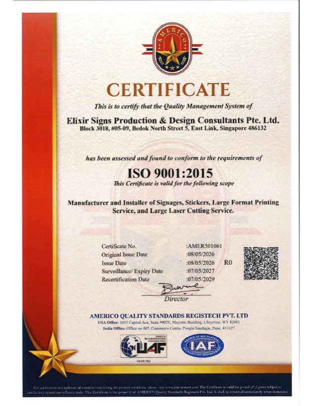 ISO 9001:2015 certificate issued to Elixir Signs Production & Design Consultants Pte. Ltd. &mdash; Quality Management System, certificate no. AMER501061